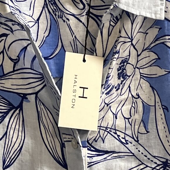 H Halston Top Women 3X Blue Floral Linen Button Down Shirt Beach Resort Vacation - Picture 3 of 8